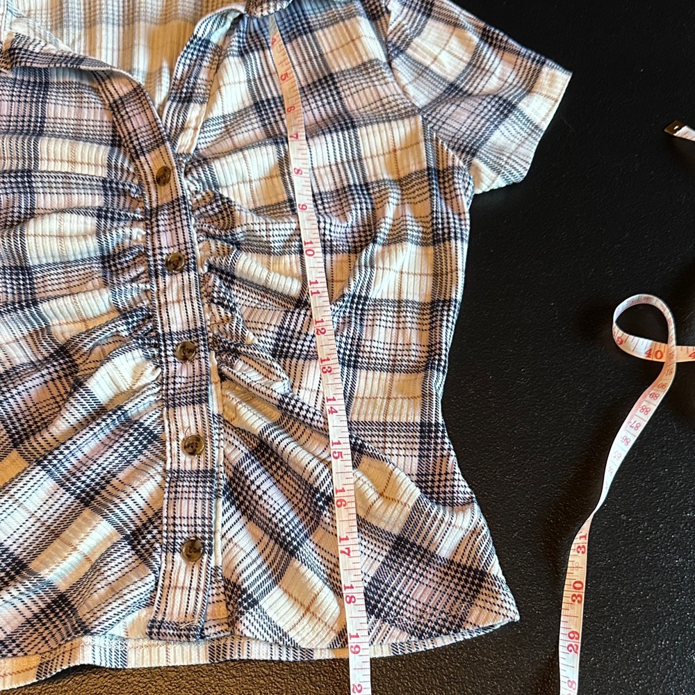 No Comment Blue and White Plaid Women/junior Button-Down Shirt - Picture 2 of 6